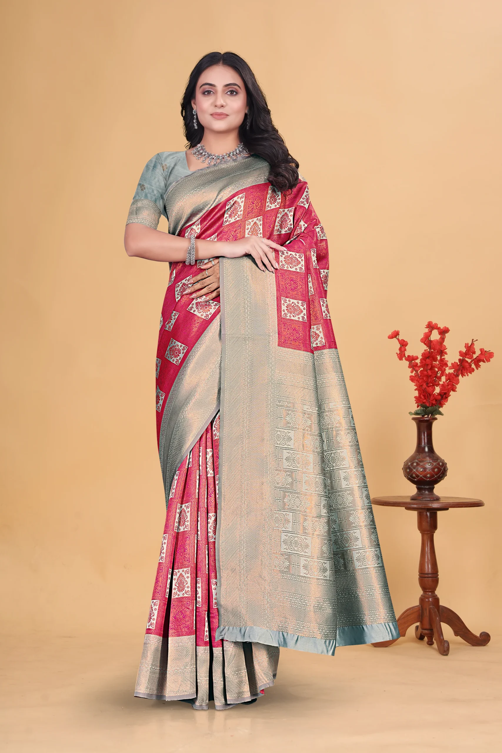 Gorgeous Rani Pink and Silver Gray Woven Silk Saree